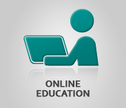 "Online Education" (text) Sector Image with artwork of a person at a computer