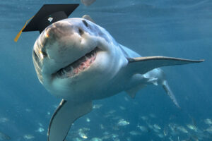 Shark underwater graduation cap STC logo