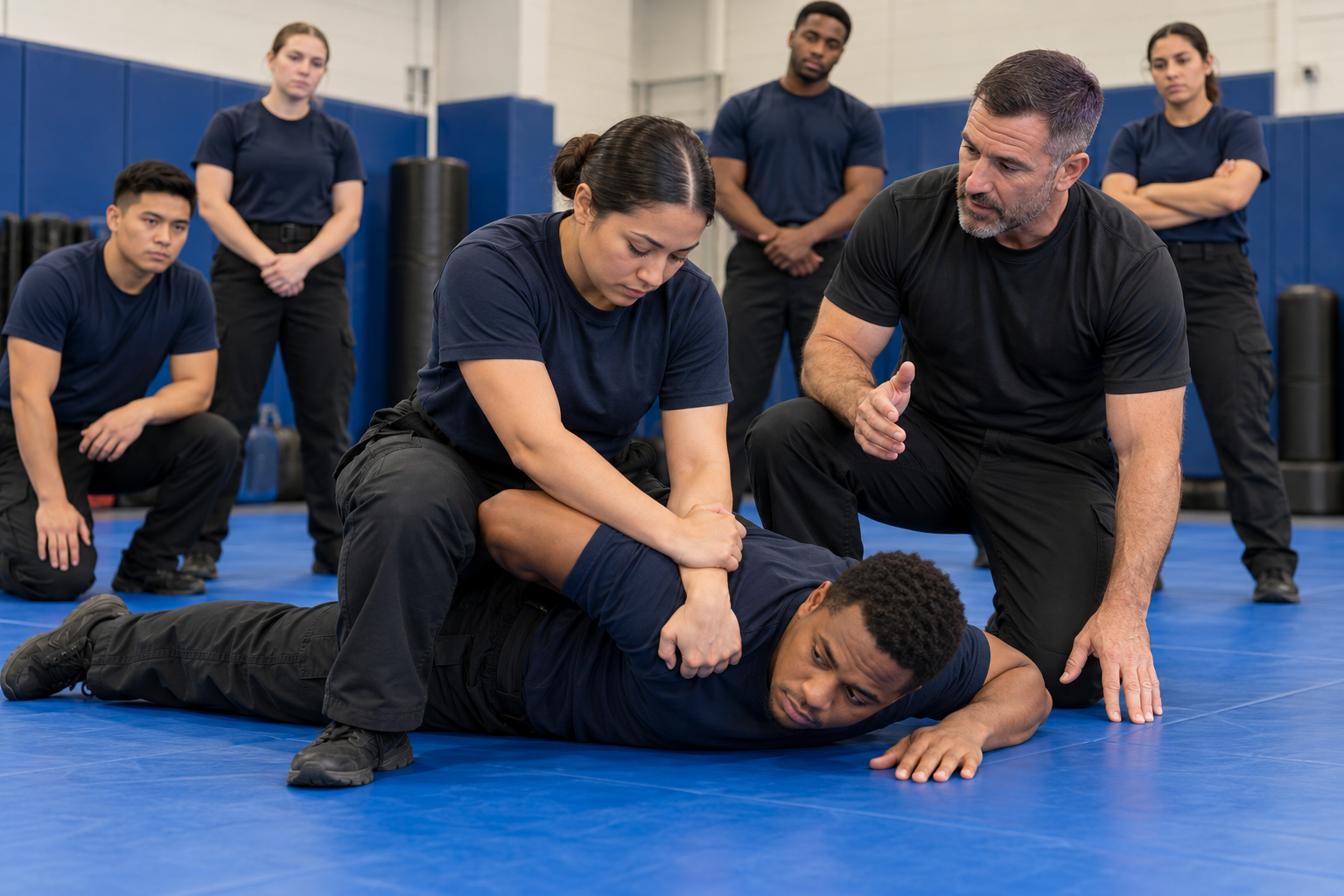 Students learning hand to hand combat in basic law classroom