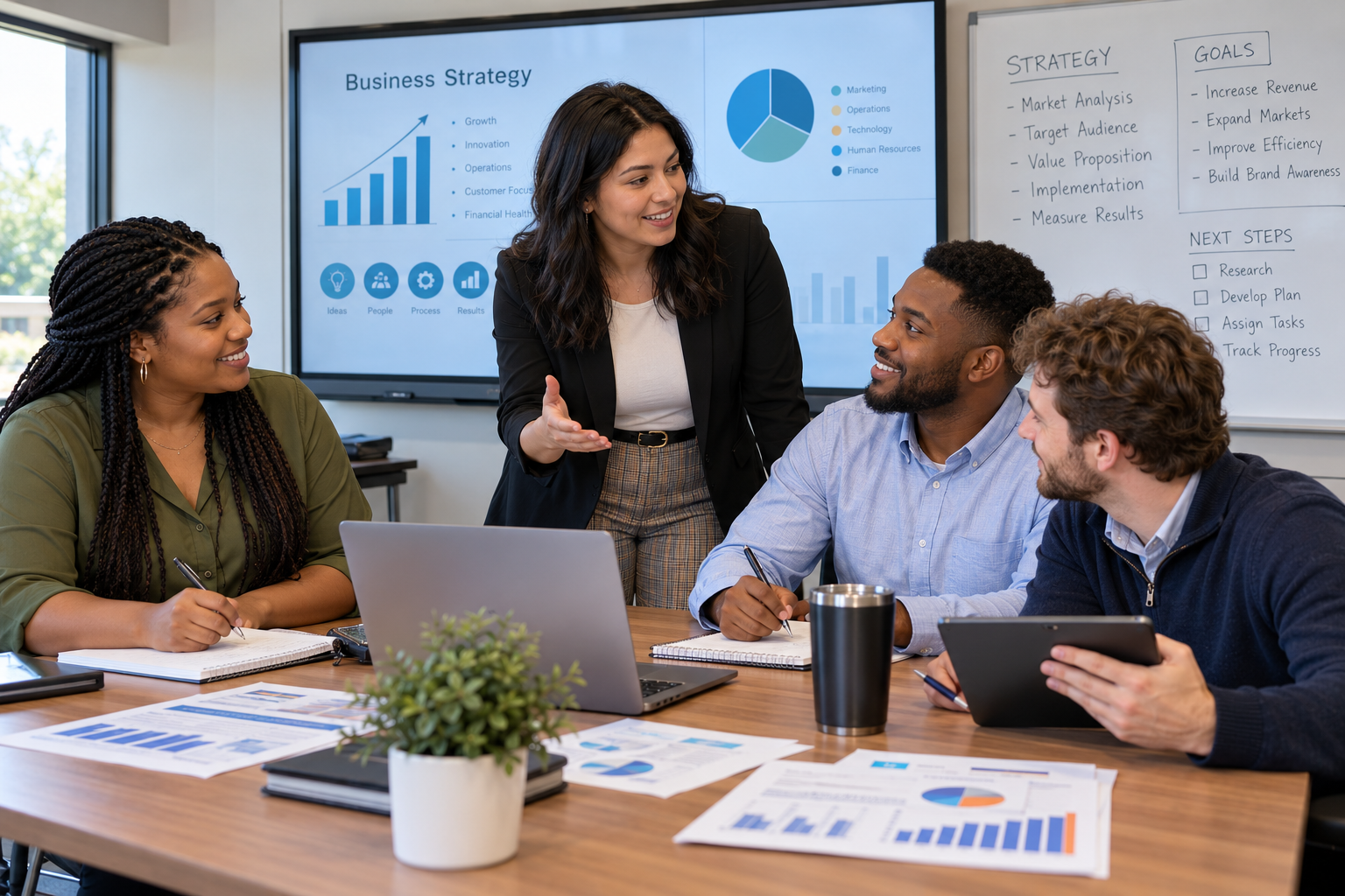 BusinessManagement People collaborating at a table with pie charts on screen