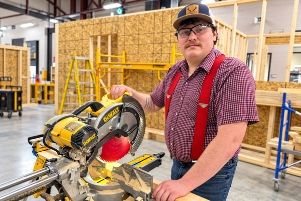 Carpentry Construction student in front of framed home with saw