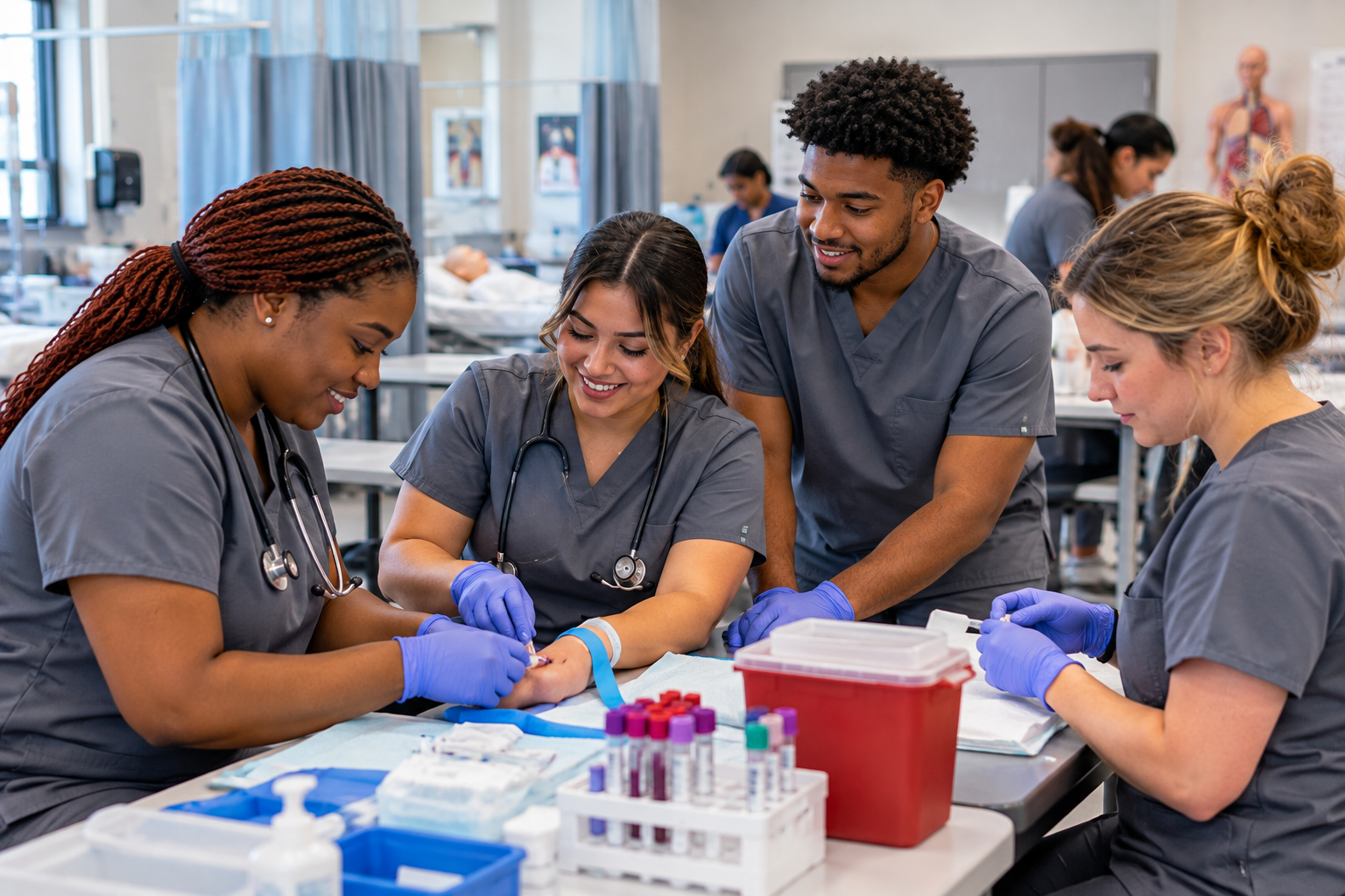 Collaborative Healthcare Skills Lab students working together in a healthcare lab