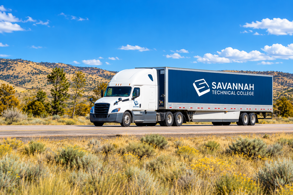 Commercial_Truck_Driving Commercial truck driving on road with savannah tech logo