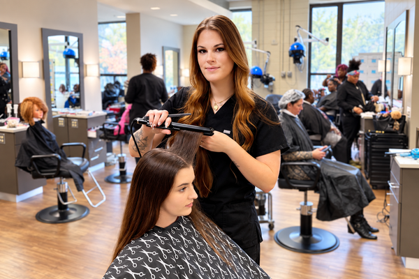 Cosmetology cosmetology student flight ironing a customer's hair