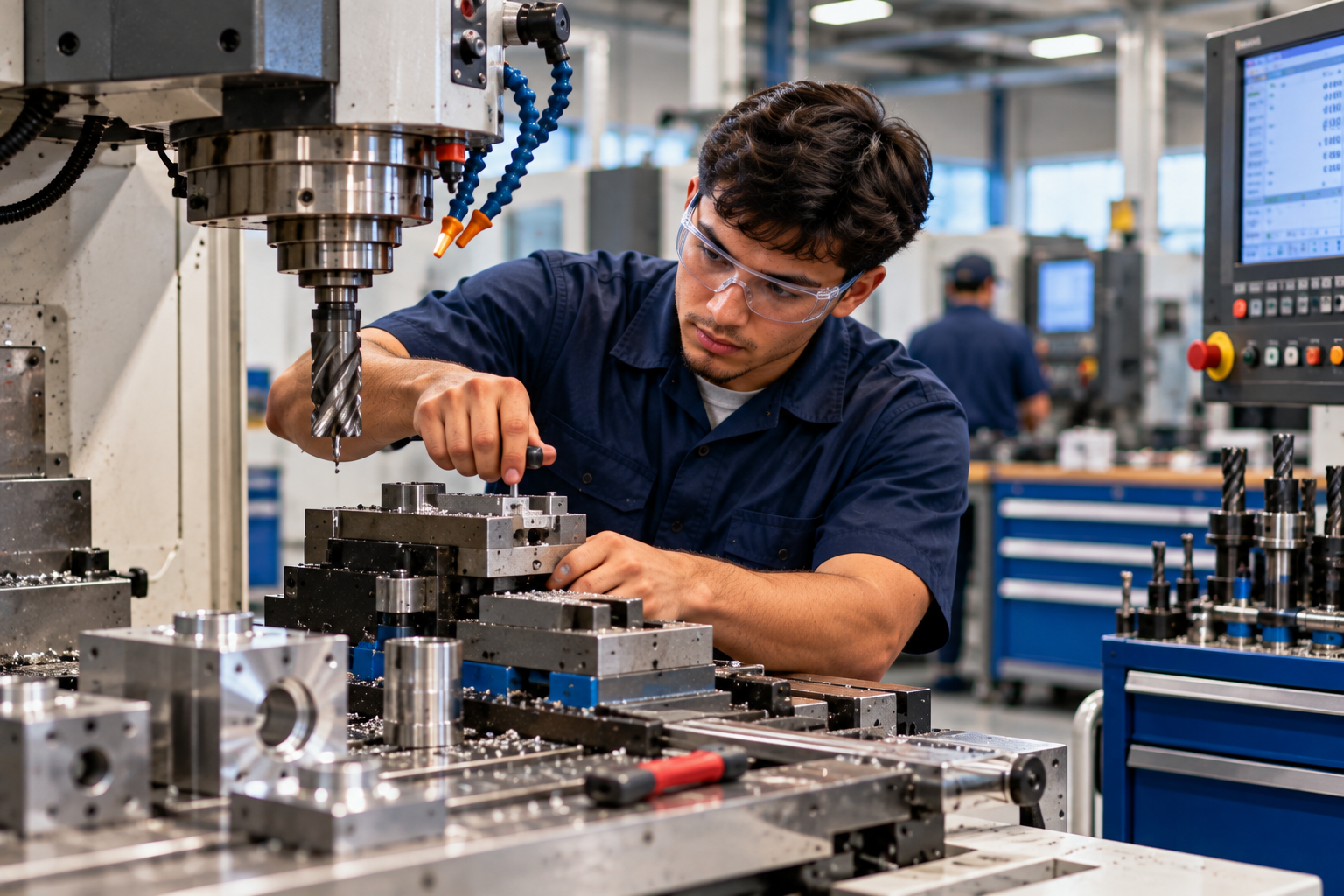 Focused CNC Machining Training Lab Student focused on training with the CNC machine
