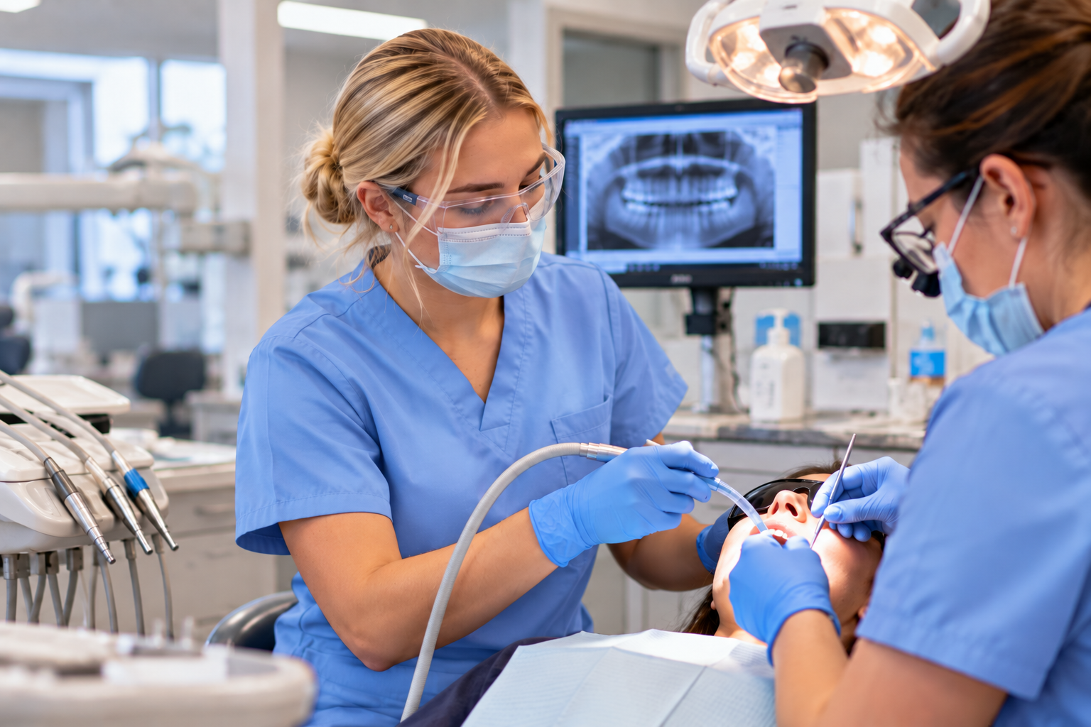Modern Dental Team Treating Patient Dental assistant helping with the suction during a cleaning.