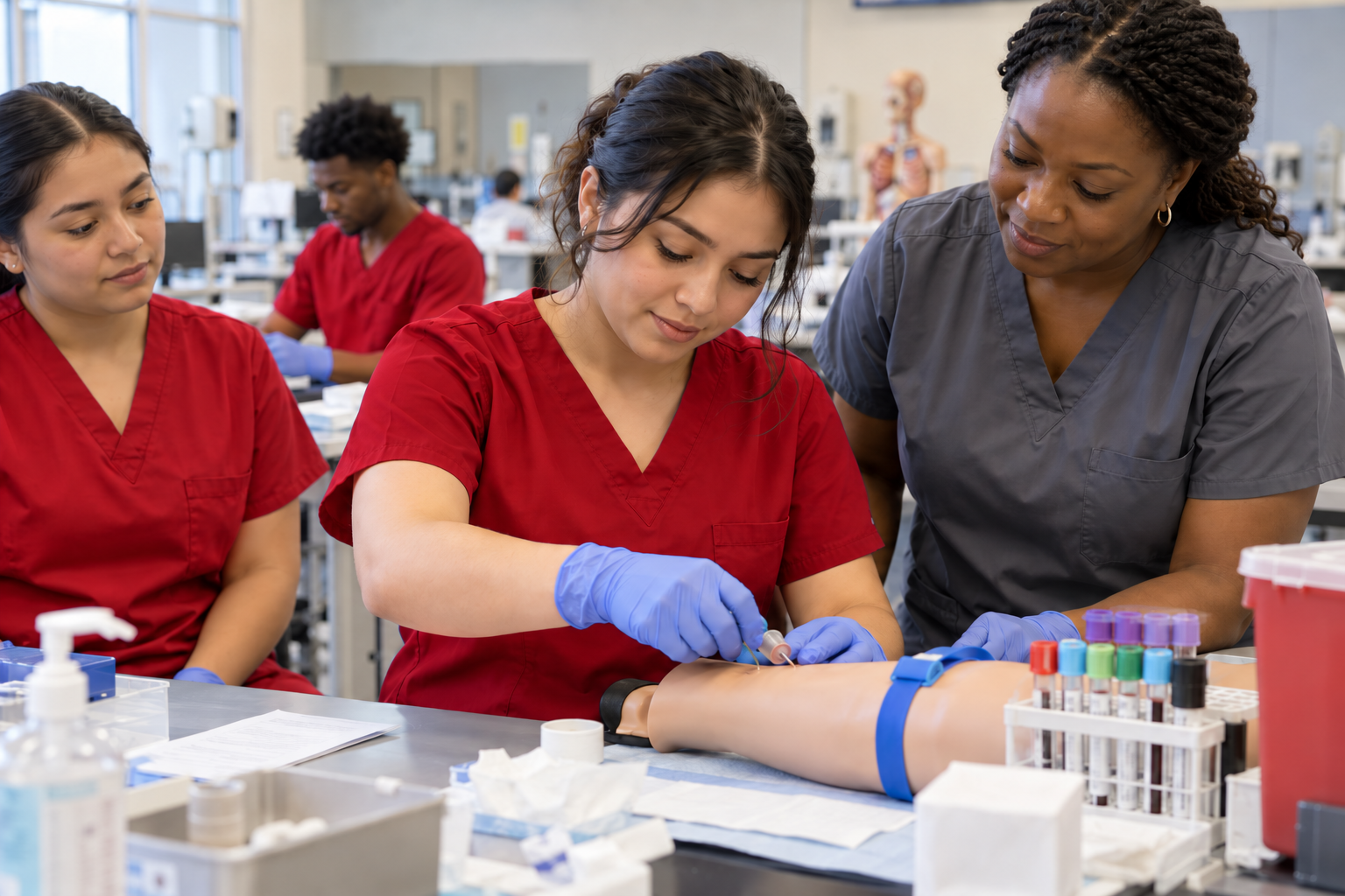 Phlebotomy Practice in Red Scrubs Student learning to take blood in red scrubs