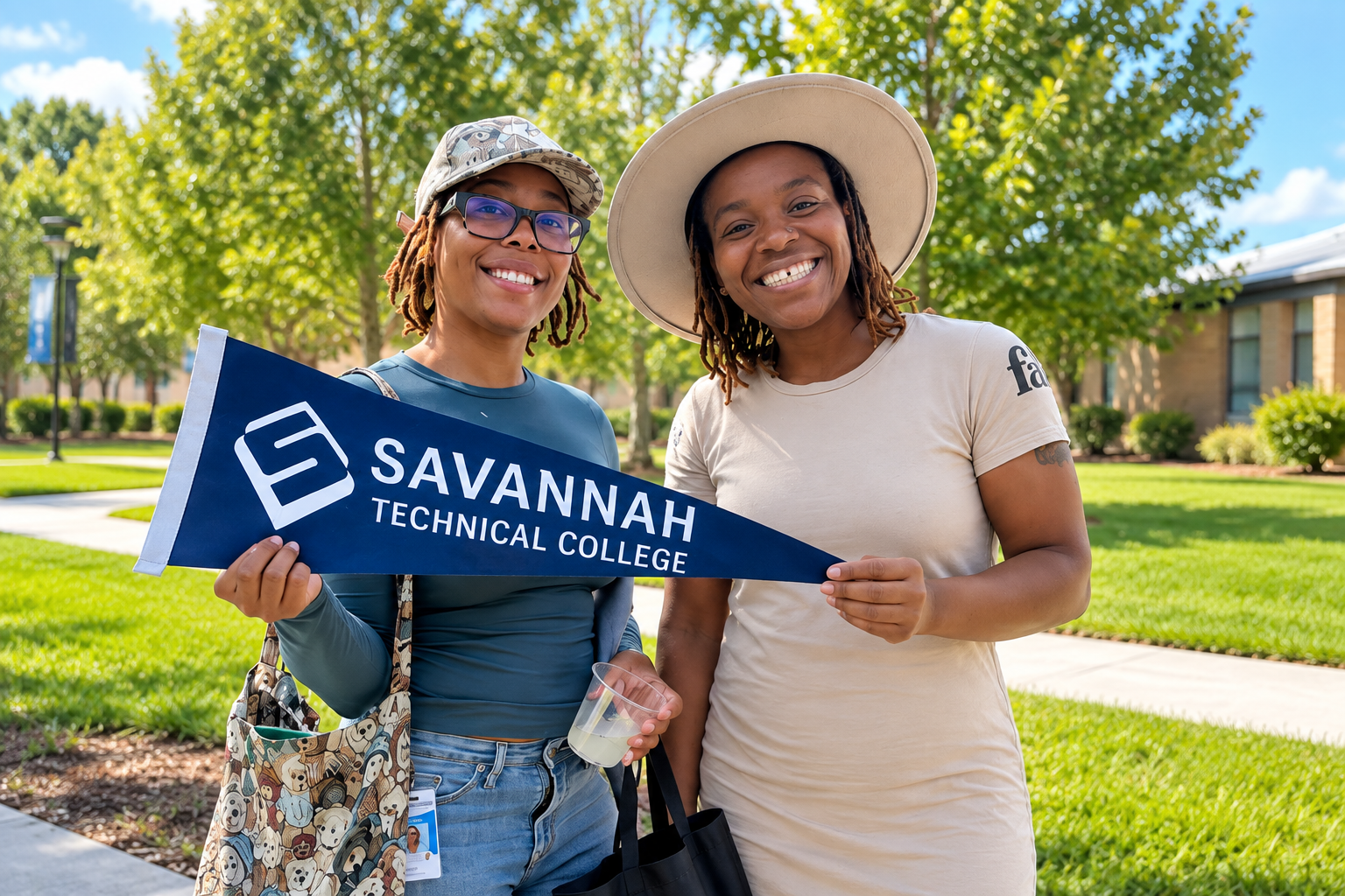 Smiling Students at Savannah Tech Smiling Students holding a banner with savannah tech logo