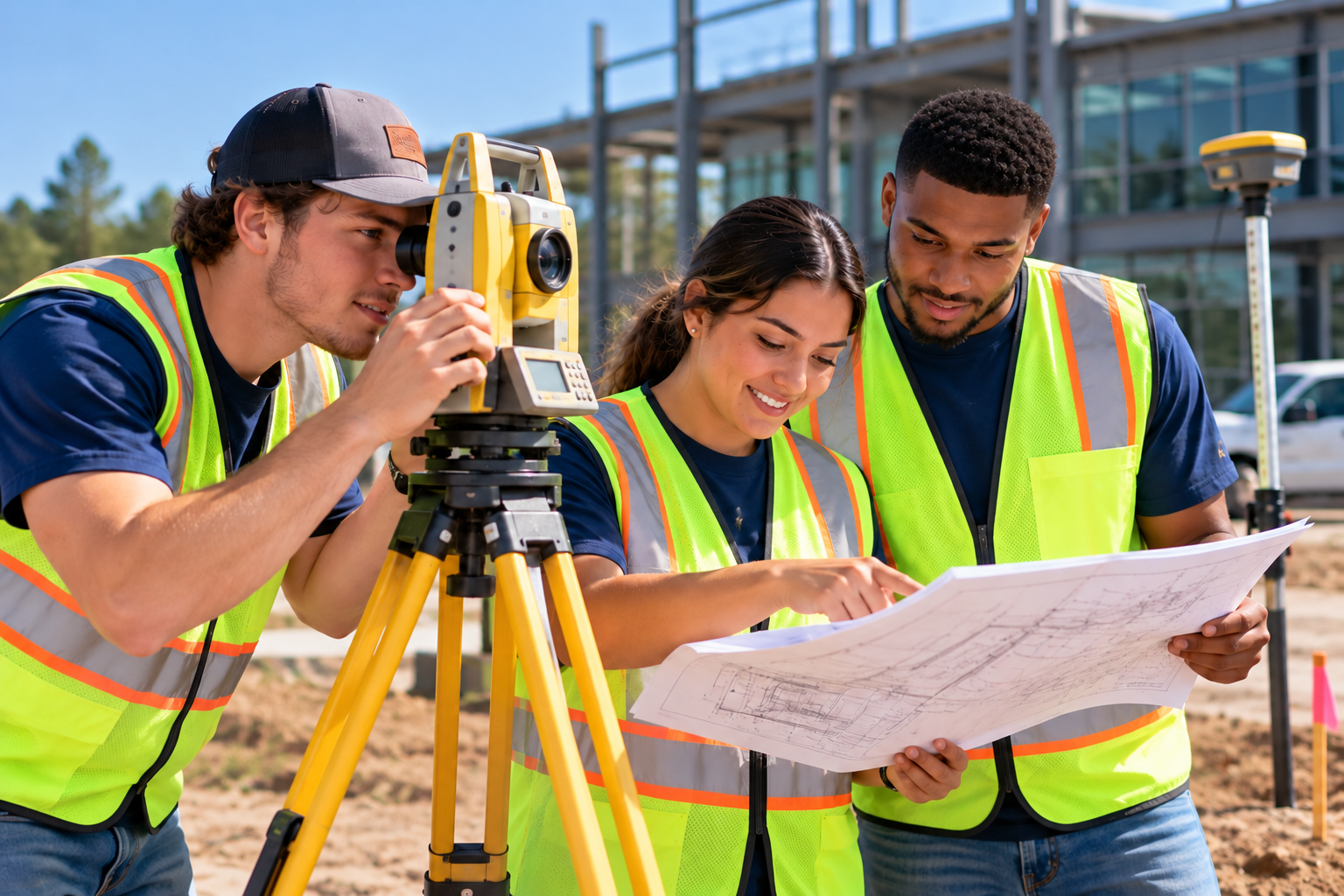 students surveying plans at a construction site