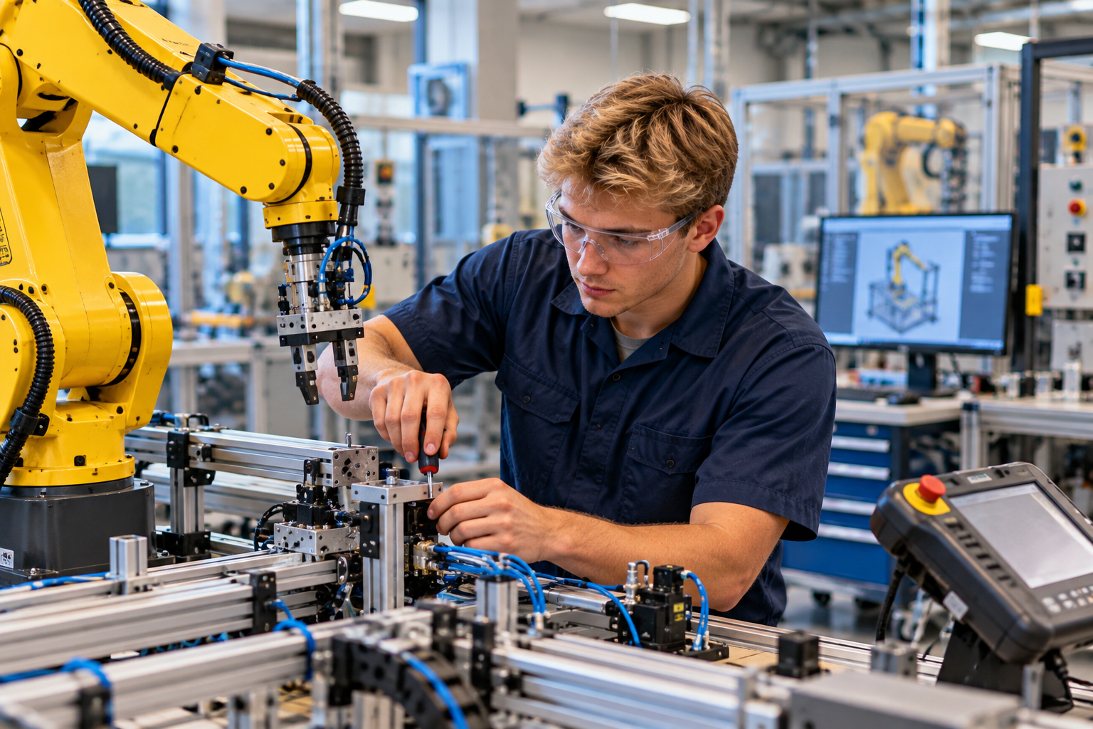Technician Tuning Industrial Robot Arm Technician adjusting industrial robot arm