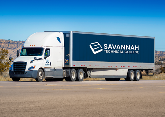 Commercial Truck Driving: Savannah Technical College tractor-trailer travels on a highway.